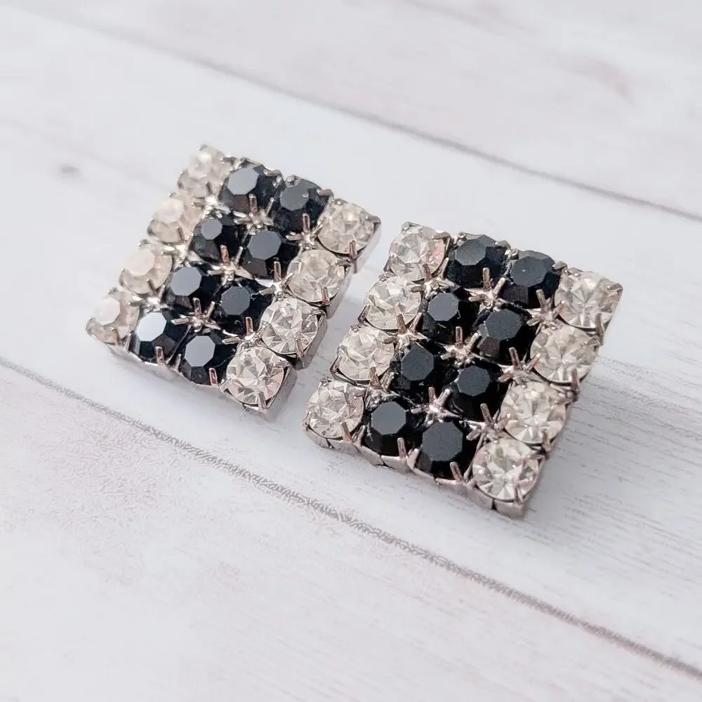 Vintage Clip On Earrings Very Large Statement Hollywood Glam Black & Clear Gems